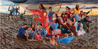 Kent Monkman (b. 1965), Study for “mistikôsiwak (Wooden Boat People): Resurgence of the People,” (Final Variation), 2019, acrylic on canvas, 107.3 x 213.4 cm, Collection of the Sobey Art Foundation, © Kent Monkman